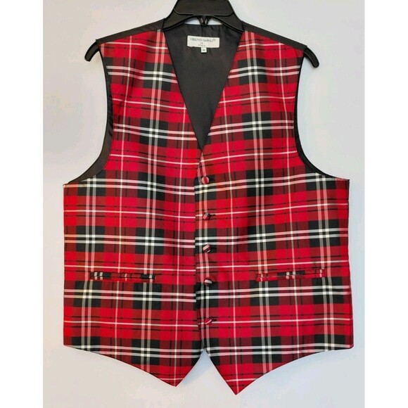 Vesuvio Napoli Size M Red/Black Plaid Lined Vest - Preppy Holiday Festive - Picture 1 of 6